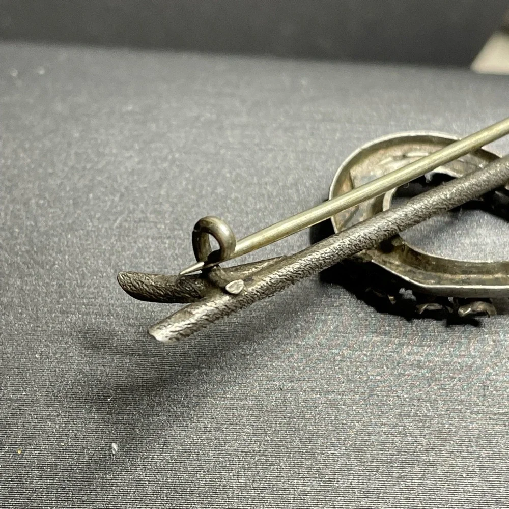 Silver Branch Lucky Horseshoe Antique Brooch White Rhinestones 800 Silver - Picture 12 of 12